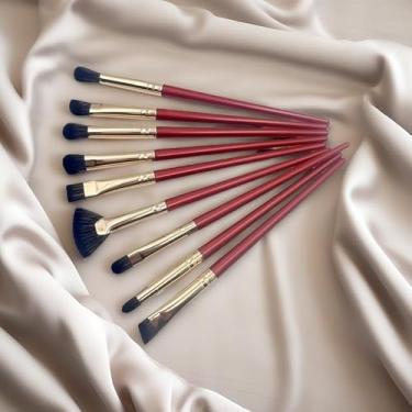 Imagem de Generic Conjunto de pincéis de maquiagem, 9 pincéis de base sintética premium, cerdas macias, cabo de madeira, vermelho, todos os tipos de pele
