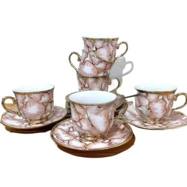 Imagem de Conjunto de Seis Requintadas XíCaras de Café em Porcelana Branca para Uso DiáRio, com Pires, Capacidade para 100 Ml.(Modelo - 9-rosa (85mL))