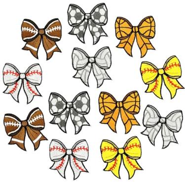 Imagem de 12 peças bola esportiva em forma de arco em remendos, aplique bordado de beisebol futebol basquete patch, emblema esportivo costurado em emblemas para roupas, jaqueta jeans, chapéus, bolsa, costura