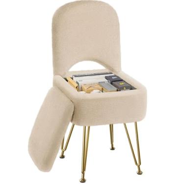Imagem de GREENSTELL Cadeira Vanity com armazenamento e encosto dobrável, 34 x 38 x 76 cm, pufe macio de pele sintética, 4 pernas de metal com pés antiderrapantes, assento acolchoado peludo para maquiagem