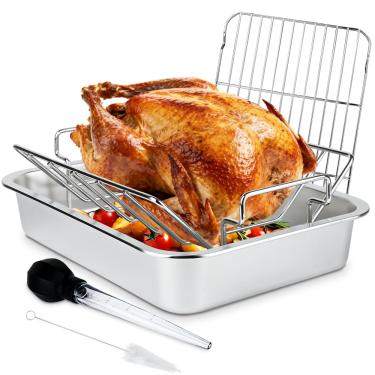 Imagem de DOLAMOTY Conjunto de ferramentas de torrefação de peru com frigideira, assadeira de aço inoxidável de aves para defumar e grelhar/ajuste duplo para forno, tamanho grande, ovo verde grande e Kamado Joe