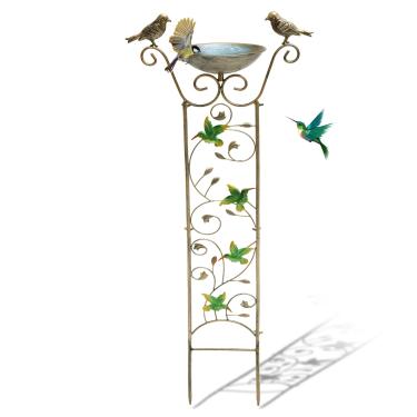 Imagem de Banheira de metal para pássaros de 41 polegadas para exterior, treliça de plantas de jardim antigas com pássaros decorativos, tigela de banho removível para pássaros ao ar livre, jardim, pátio