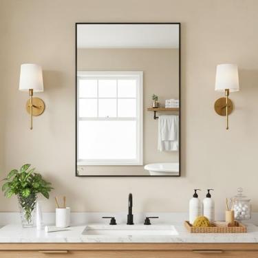 Imagem de FICTOR Espelho de banheiro - preto, 76 x 50 cm, inquebrável e antiferrugem, espelhos retangulares de montagem na parede com moldura de metal para pia, banheiro, quarto, sala de estar, entrada