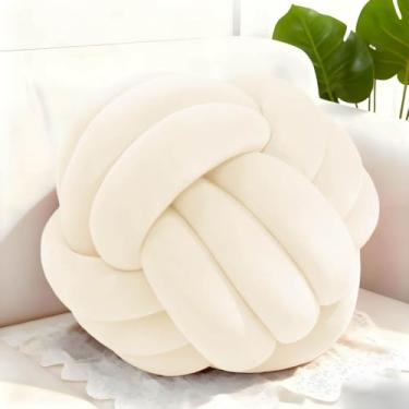 Imagem de Adlbbkiy Almofada de almofada com nó branco creme de 21 cm, almofada redonda macia feita à mão com nó, almofada de pelúcia, almofada de pelúcia com nó, para quarto, sofá de sala de estar, decoração de