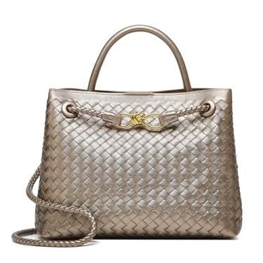 Imagem de BOYATU Bolsa feminina tecida: bolsas de ombro de couro vegano - sacolas modernas de praia de verão - bolsas grandes de viagem bolsa tecida à mão para férias (cobre claro e prata)