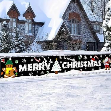Imagem de HOMETITUTE 299,7 x 50,8 cm Banner de Feliz Natal Grande Banner de pendurar Papai Noel Gingerbread Tree Design cerca ao ar livre sinal de natal varanda quintal parede cenário de festa de natal