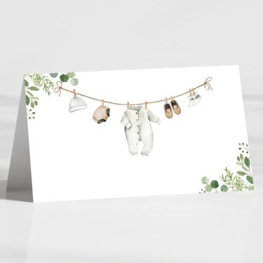 Imagem de Pacote com 120 cartões de lugar de roupas, 8,9 cm x 5 cm cartões de nome de barraca de mesa dobráveis, etiquetas de alimentos para roupas marrons e brancas para chá de bebê, festa de aniversário