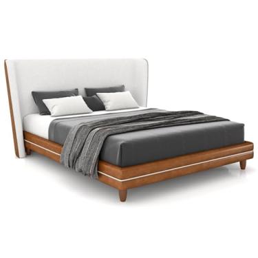 Imagem de Cabeceira Queen Nilo 160cm Com Cama Pés Madeira Suném P05 Couríssimo Whisky Bouclê Cru - Lyam Decor