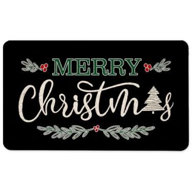 Imagem de WARDOS Tapete de porta preto Merry Christmas, árvore de Natal, capacho de baga azevinho para porta da frente interna e externa, tapete de boas-vindas de Natal externo, tapetes de banho de inverno, 43