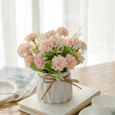 Imagem de TKAS Arranjo de flores falsas em vaso de cerâmica, hortênsia de seda sintética artificial, floral pequeno realista de estilo seco, mesa de jantar para decoração de casa de festa de casamento (rosa)