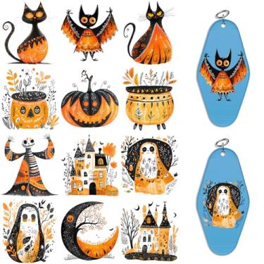 Imagem de Adesivos UV DTF de Halloween - 24 folhas arte folclórica Halloween adesivos de transferência fria para chaveiros de motel, envoltórios Uvdtf DIY para chaveiro de hotel em branco, esfregar à prova