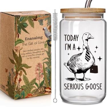 Imagem de Copo de vidro Today I'm a Serious Goose de 473 ml com tampa e canudo presente para amantes de gansos colegas de trabalho, pato animal de ganso bobo engraçado perfeito para trabalhador, enfermeira