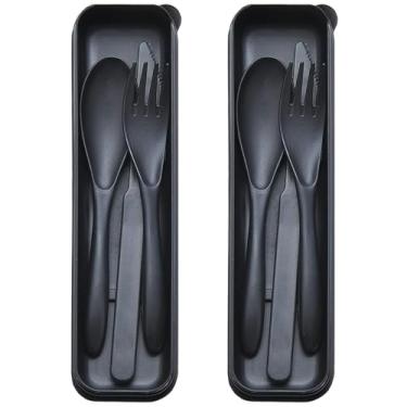 Imagem de Conjunto de utensílios de viagem reutilizáveis com estojo, 2 conjuntos de colheres de garfo de faca portáteis de palha de trigo, talheres de acampamento para lancheira, utensílios de mesa de plástico