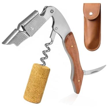 Imagem de Saca-rolhas abridor de vinho, saca-rolhas premium 3 em 1, abridor de vinho de alavanca dupla com cortador de alumínio, abridor de garrafa de cerveja e removedor de tampa, cabo ergonômico de madeira