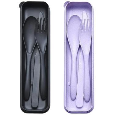 Imagem de Conjunto de utensílios de viagem reutilizáveis com estojo, 2 conjuntos de colheres de garfo de faca portáteis de palha de trigo, talheres de acampamento para lancheira, utensílios de mesa de plástico