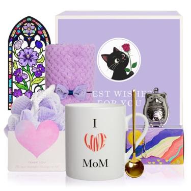 Imagem de Lovift Conjunto de presente de aniversário para mamãe, caneca de café divertida que muda de cor, novidade exclusiva I Love Mom coração vermelho xícara de chá de cerâmica dia das mães cesta de presente