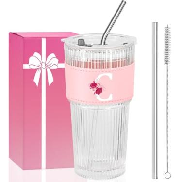 Imagem de AiHeart Presentes personalizados para mulheres, copo de vidro canelado de 590 ml, presentes com monograma para mulheres, presente de aniversário, caneca de café gelado, presente de Natal para mãe