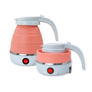Imagem de Chaleira Elétrica Dobrável de Silicone e Aço Inox, 600ml, Portátil e Compacta, 600W, Rosa e Branco, com Cabo de Energia