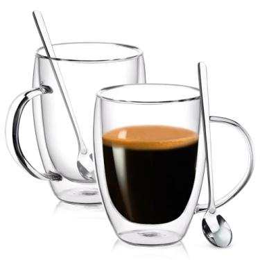 Imagem de FULGNU Canecas de café de vidro de parede dupla, canecas de café transparentes de 350 ml com alça, conjunto de 2 canecas de café de vidro isolado, perfeitas para expresso, cappuccino, latte,