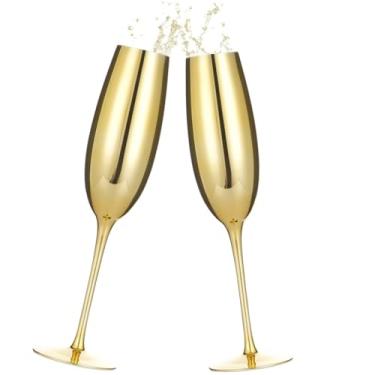 Imagem de LUMINFLY Taças de champanhe douradas, haste reutilizável de aniversário, Natal, haste de champanhe, 2 peças, utensílios de bebida, festa de aniversário, flautas internas e externas com flautas para