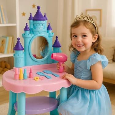 Imagem de Salão Beleza Penteadeira Infantil Brinquedo Presente Criança Maquiagem Cabelo Espelho Batom Secador