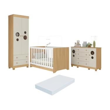 Imagem de Quarto de Bebê Completo Berço Americano 3x1 Colchão Bombom Multimóveis Mp4642 Madeirado/off White