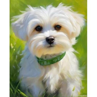 Imagem de VNUIEHG Pintura por números para cães maltês adulto na grama kit de pintura a óleo em tela DIY para adultos com pincéis, pintura de desenho de pigmento acrílico, 40 x 50 cm, sem moldura