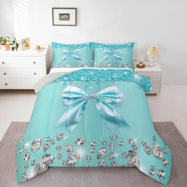 Imagem de Conjunto de edredom solteiro com laço azul-petróleo, lantejoulas brilhantes com glitter, para meninas, diamante cinza, nó de princesa sonhadora, enfeite de edredom para decoração de quarto de meninas