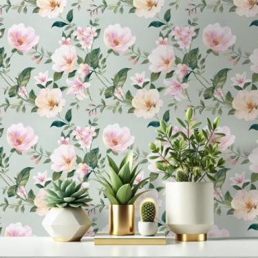 Imagem de Papel de Parede Adesivo Floral Lavável Flor Adesivo Rolo 5 Metros (Floral Verde Pastel)