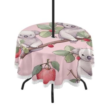 Imagem de Blueangle Toalha de mesa redonda pequena coala morangos impermeável de 152 cm com orifício para guarda-chuva - Tecido resistente à prova de sol para todos os climas para pátio, acampamento, piquenique