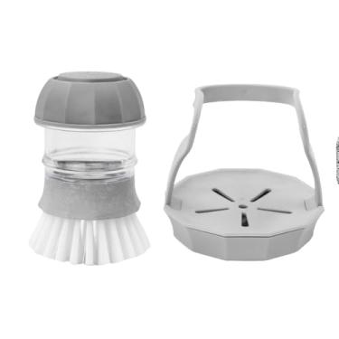 Imagem de Escova de Limpeza com Dispenser de Detergente, Cinza, Plástico ABS e Silicone, 50ml, 10x8cm, Inclui Suporte, para Cozinha