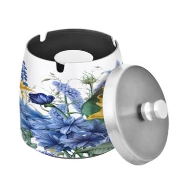 Imagem de Blueangle Cinzeiro de girassóis bluebells com tampa para cigarros, à prova de vento/chuva, aço inoxidável, sem fumaça, inodoro, cinzeiro para uso interno ou externo (439)