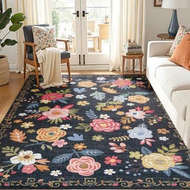 Imagem de RIMAYA Tapete de área lavável à máquina de 1,5 x 2,1 m, tapetes grandes ultra macios de 213 x 152 cm com suporte antiderrapante e encadernação de borda durável, tapete floral fofo de pelo baixo para