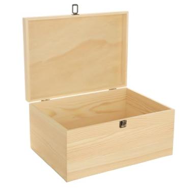 Imagem de DAJAVE Caixa de madeira inacabada - Caixa de madeira grande de 35 x 24 x 17 cm com tampa articulada e fecho frontal, caixa de madeira de pinho, caixas de artesanato DIY para hobbies de artes e