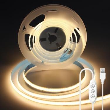 Imagem de ShineBurky Fita de luzes LED COB 5V USB branco quente 3000 K, 2 m/2 m CRI93+ tira de luzes LED regulável flexível para iluminação de fundo de TV, cozinha, armário, espelho, decoração de casa