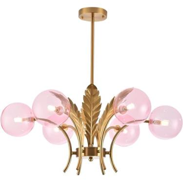 Imagem de Lustre moderno de 6 lâmpadas, modelo G9, estilo Sputnik dourado de meados do século XX, com cúpulas de vidro rosa. Luminária pendente clássica com altura ajustável e instalação semi-embutida