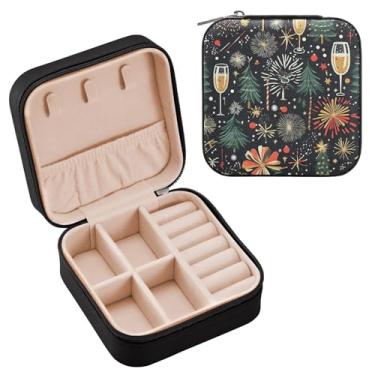 Imagem de Wassud Estojo de joias de viagem com padrão de ano novo para mulheres, meninas, senhoras, noiva, mini organizador de joias de couro PU, caixa quadrada de armazenamento de joias para brincos, anéis