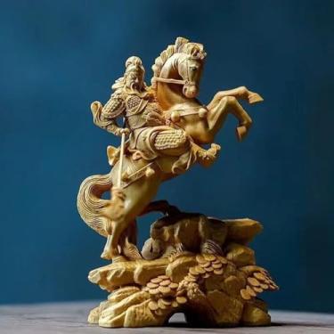 Imagem de FENNYYAR Escultura em madeira montando um cavalo Guan Gong Deus da Riqueza, 12 cm 4,7 polegadas, acessórios de decoração de escritório para sala de casa