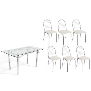 Imagem de Conjunto: Mesa Sala Jantar Elba C- Tampo De Vidro 150cm E 6 Cadeiras Noruega Cromada - Courano Branco - Kappesberg