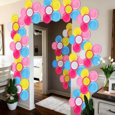 Imagem de Feifeiya 123 kits de artesanato de pratos de flores coloridas, decorações de flores de papel pastel, faça-você-mesmo, para pendurar na parede, pratos descartáveis de papel margarida, pano de fundo