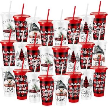 Imagem de Chuangdi 24 peças de copos de plástico de Natal xadrez vermelho preto de 680 g com tampas e canudos, xícaras de café de caminhão de árvore de Natal boneco de neve para bebidas quentes e frias