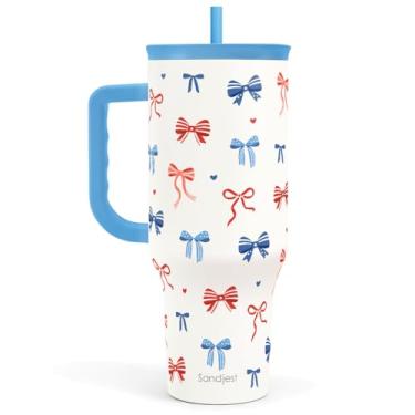 Imagem de SANDJEST Caneca de café de viagem com bandeira americana de 1,134 g com alça e canudo, caneca de café de viagem de aço inoxidável isolada para mulheres e meninas, ideia de presente para aniversário