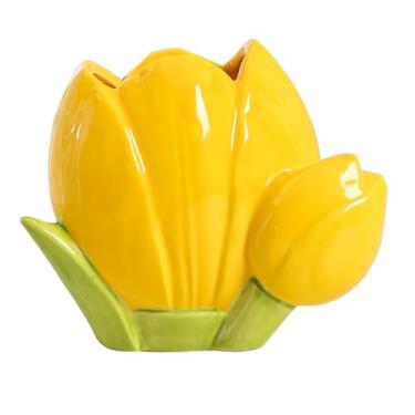 Imagem de Hoshen Suporte de caneta de cerâmica, design de flor de tulipa de cerâmica, suporte de pincel de maquiagem para bancada, penteadeira, organizador de mesa (amarelo)