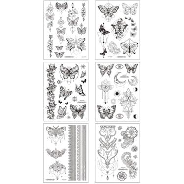 Imagem de 6 peças de suco de ervas semipermanente borboleta linda estampa floral minimalista tatuagens para uso diário estilo festa decoração mão traseira orelha ponta dos dedos adesivo tatuagem impermeável