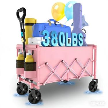 Imagem de InBrave Carrinho dobrável, vagões utilitários resistentes de 172 kg com rodas para todo o terreno, carrinhos de mercearia dobráveis para jardinagem, compras, praia, acampamento, rosa