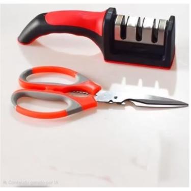 Imagem de Afiador de Facas e Tesouras de Cozinha, 3 Estágios de Afiação, Cabo Ergonômico Vermelho e Preto, Kit com Tesoura