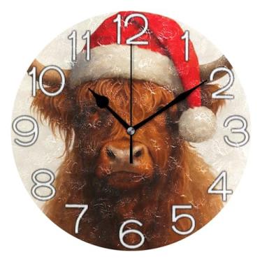 Imagem de GAIGEO Christmas Highland Cow Relógio de parede engraçado analógico decorativo escritório cozinha relógio operado por bateria, arte de parede moderna legal decoração de casa, 25 cm, ponteiros pretos