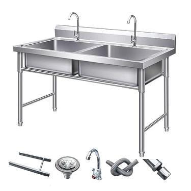 Imagem de Pia comercial de aço inoxidável 304, pia de aço inoxidável de cozinha independente, pia de garagem externa de 2 compartimentos, com kit de drenagem e torneira, para restaurante, lavanderia (120 x 60 x