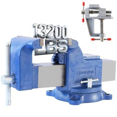 Imagem de COGNATIVE Torno de bancada resistente de 15 cm de ferro dúctil Torno de bancada giratório de 15 polegadas 360° com bigorna azul, inclui mini braçadeira de torno de bancada