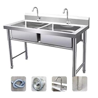 Imagem de Lavatório comercial/industrial de 2 compartimentos, pia de aço inoxidável de cozinha independente, pias utilitárias de aço inoxidável, com kit de drenagem, para restaurante, lavanderia (120 x 60 x 80